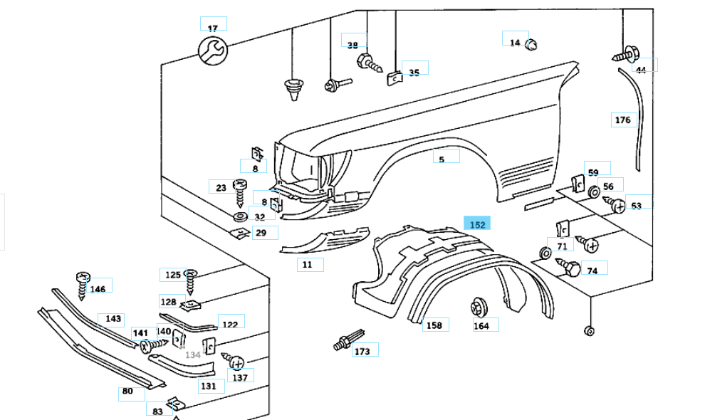 A1078840435 MERCEDES R107 SL RIGHT FRONT INNER WHEEL FENDER GENUINE NEW